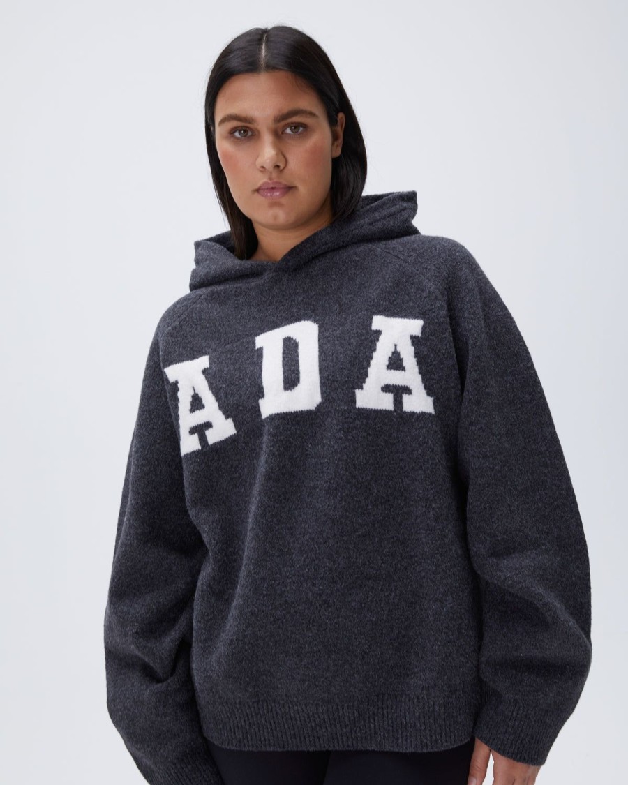 Adanola Ada Oversized Knit Hoodie - Dark Grey/Cream