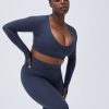 Adanola Ultimate Long Sleeve Low V Crop Top - Midnight Blue