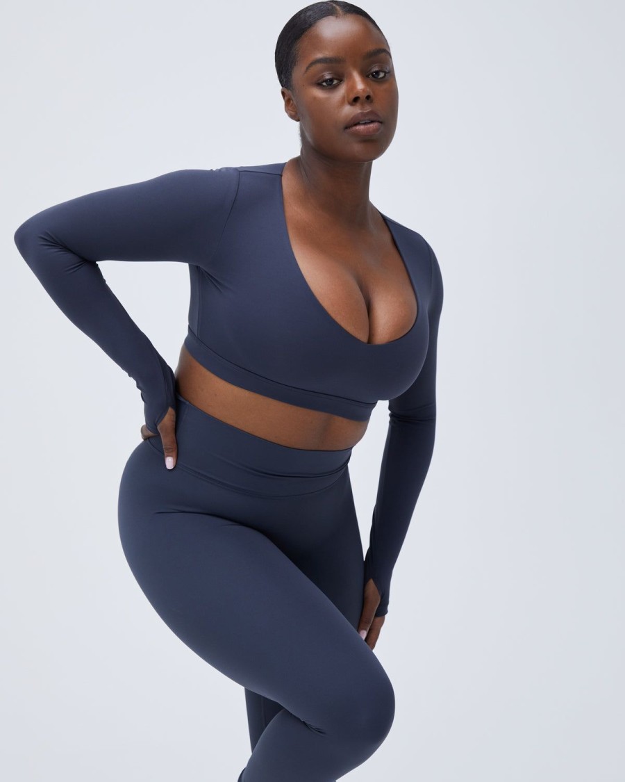 Adanola Ultimate Long Sleeve Low V Crop Top - Midnight Blue