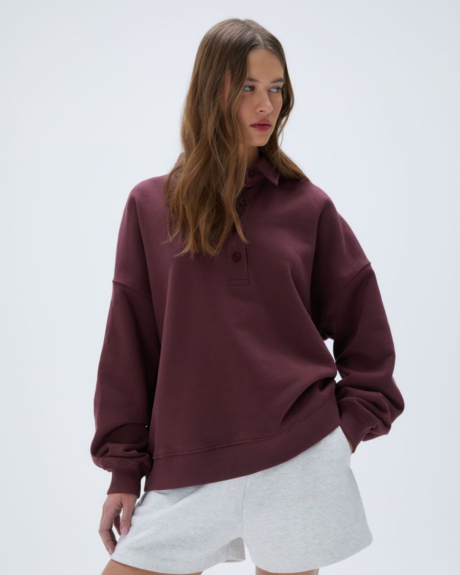 Adanola Oversized Button Up Sweatshirt - Burgundy